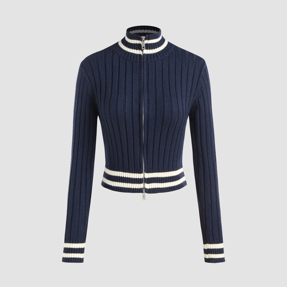 Navy Ribbed Zip-Up Sweater - Picture 1 of 5